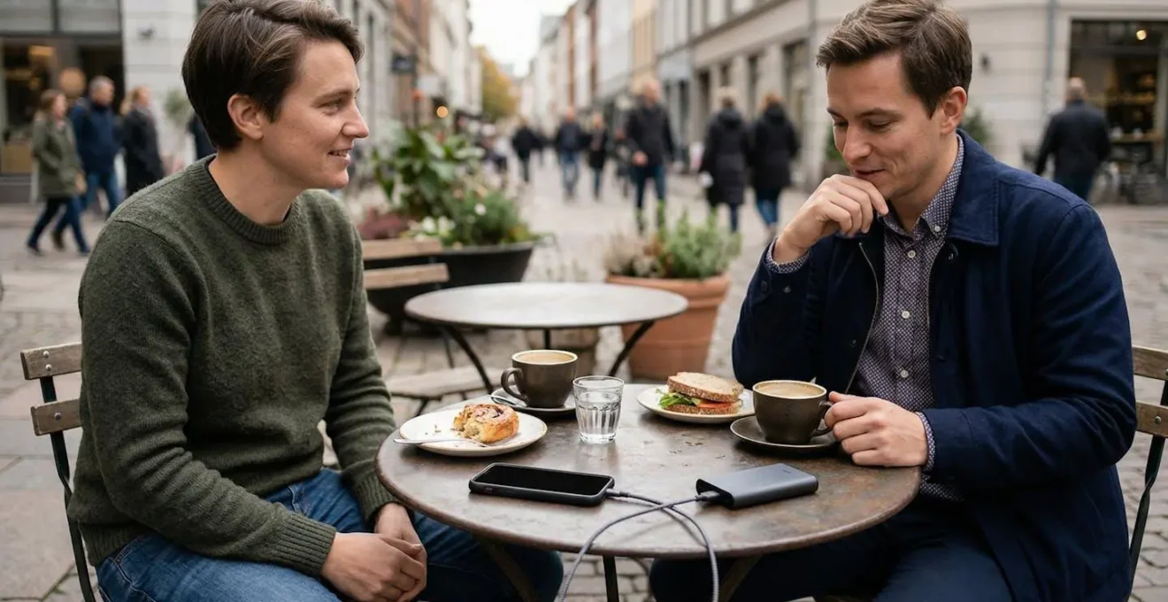 Borne de recharge téléphone utilisée en terrasse de restaurant