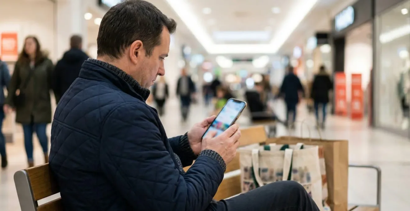 Visiteur inquiet avec smartphone dans un centre commercial