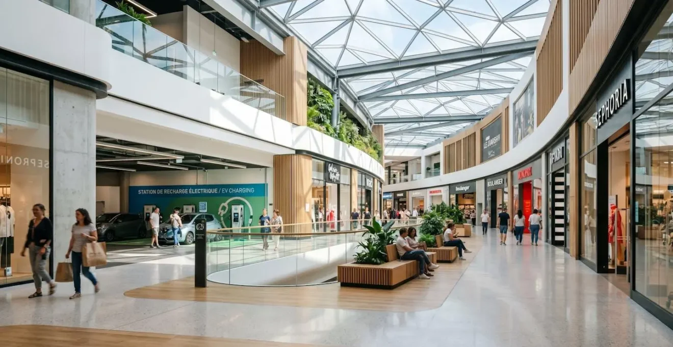 Vue large d'une allée lumineuse de centre commercial contemporain avec une borne de service visible en arrière-plan