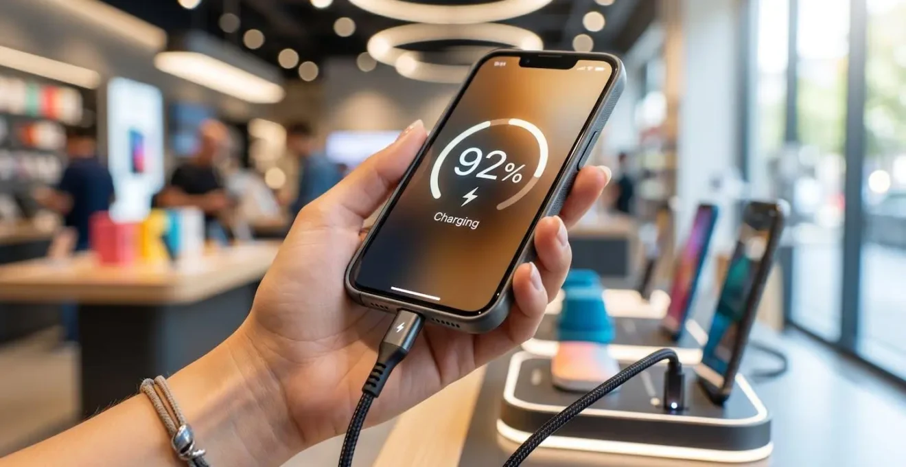 Gros plan sur une main tenant un smartphone en cours de charge, le câble connecté visible et l'icône de batterie affichée à l'écran