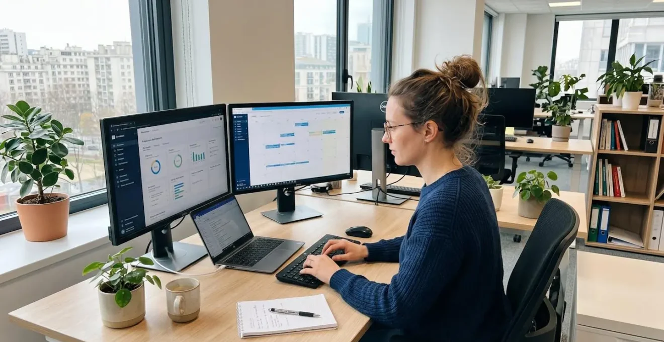 Bureau moderne lumineux avec double écran affichant plusieurs interfaces de logiciels de productivité, personne travaillant de manière concentrée avec plantes vertes en arrière-plan