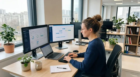 Bureau moderne lumineux avec double écran affichant plusieurs interfaces de logiciels de productivité, personne travaillant de manière concentrée avec plantes vertes en arrière-plan