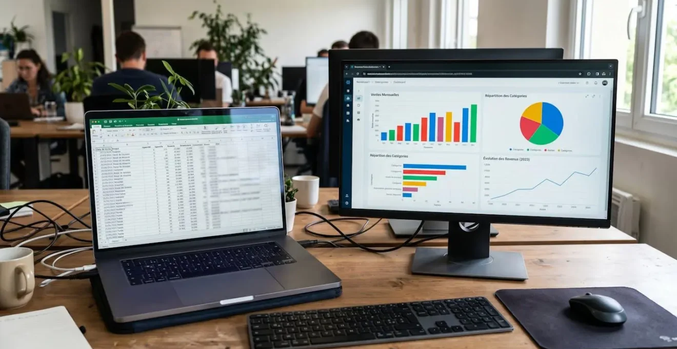 Comparaison visuelle entre un tableur classique avec données brutes et un tableau de bord interactif avec graphiques et visualisations colorées
