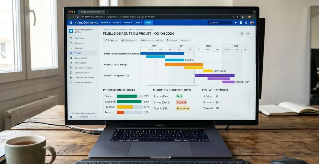 Vue d'un tableau de bord de gestion de projet moderne affichant une roadmap avec timeline, indicateurs de progression et répartition des ressources sur un écran
